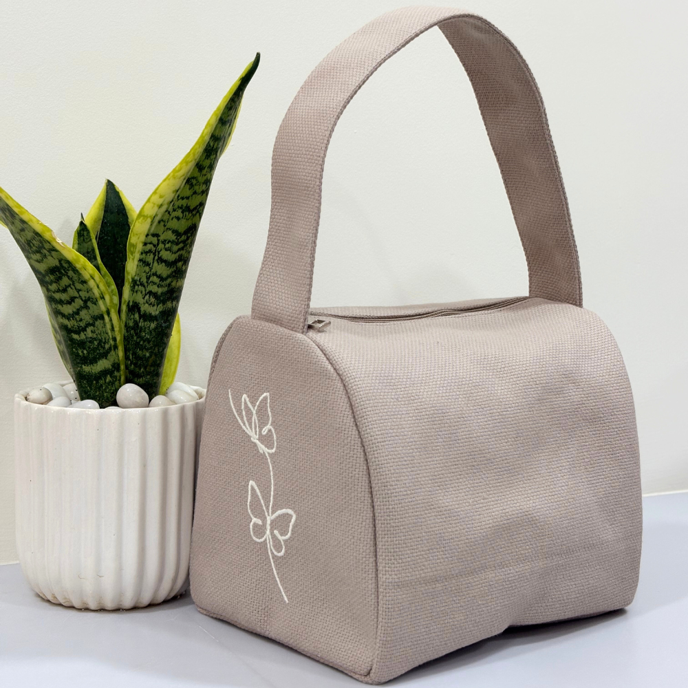 Butterfly Embroidered Lunch Bag – Beige