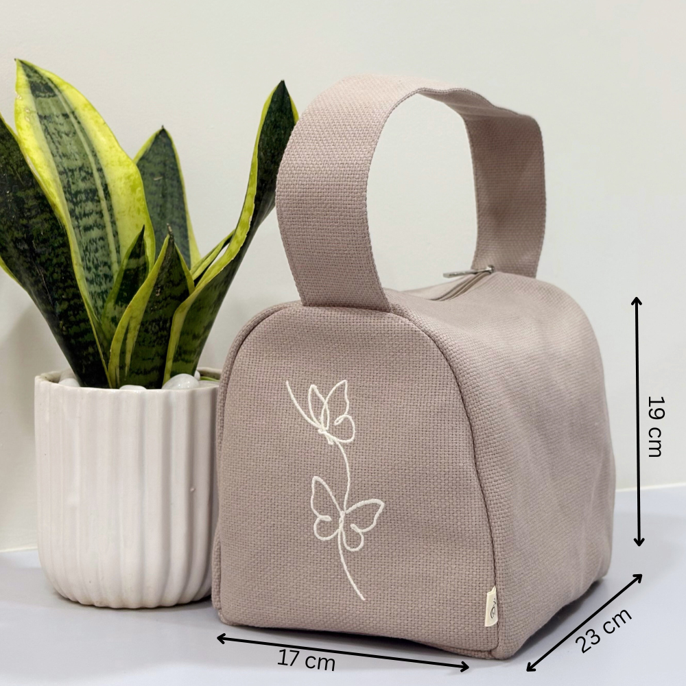 Butterfly Embroidered Lunch Bag – Beige