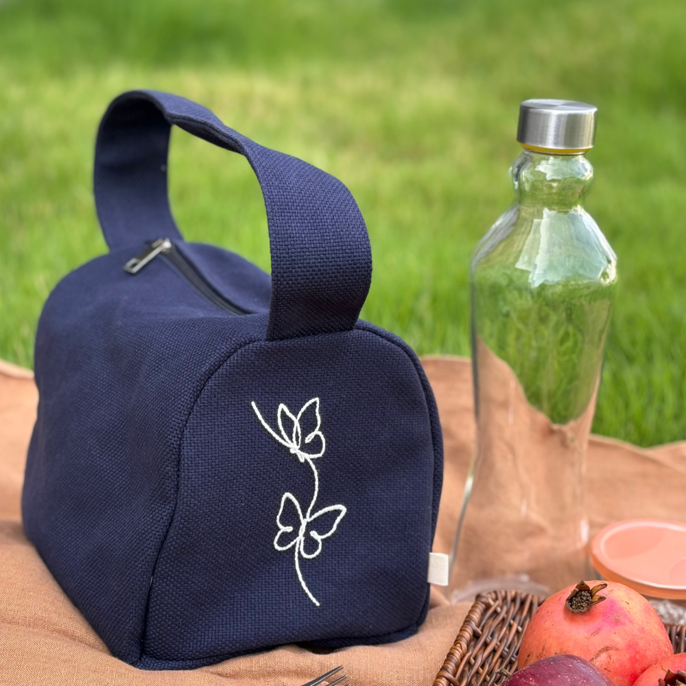 Butterfly Embroidered Lunch Bag – Blue