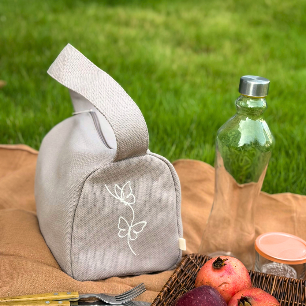 Butterfly Embroidered Lunch Bag – Beige