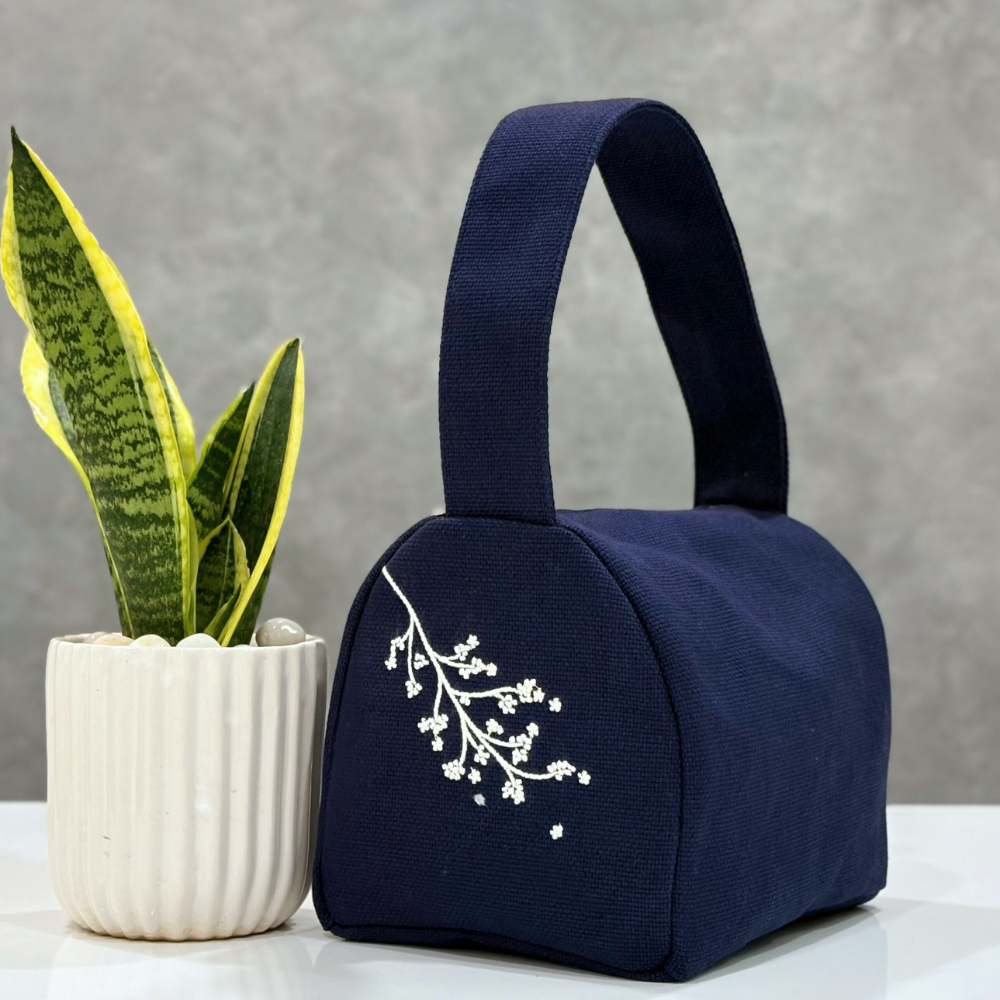 Floral Embroidered Lunch Bag - Blue