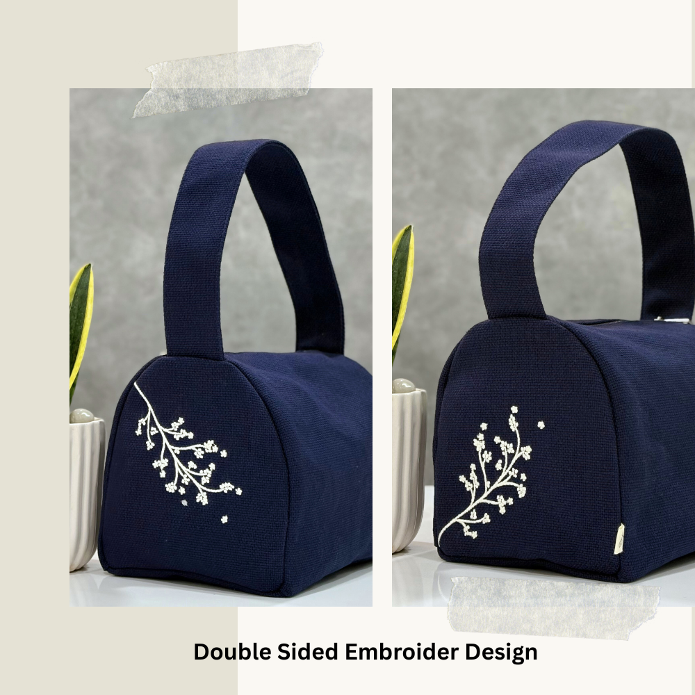 Floral Embroidered Lunch Bag - Blue