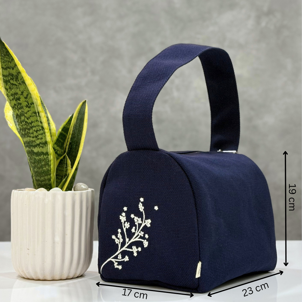 Floral Embroidered Lunch Bag - Blue