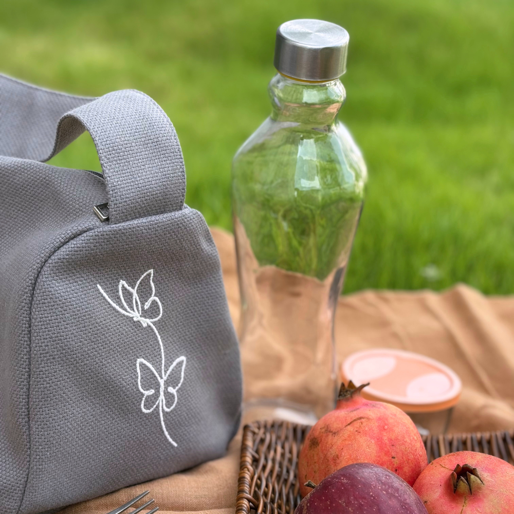 Butterfly Embroidered Lunch Bag – Grey