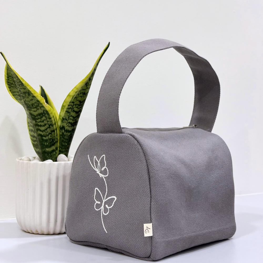 Butterfly Embroidered Lunch Bag – Grey