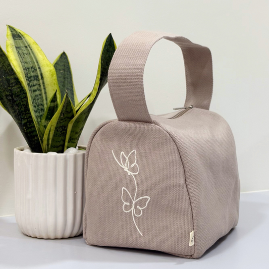 Butterfly Embroidered Lunch Bag – Beige