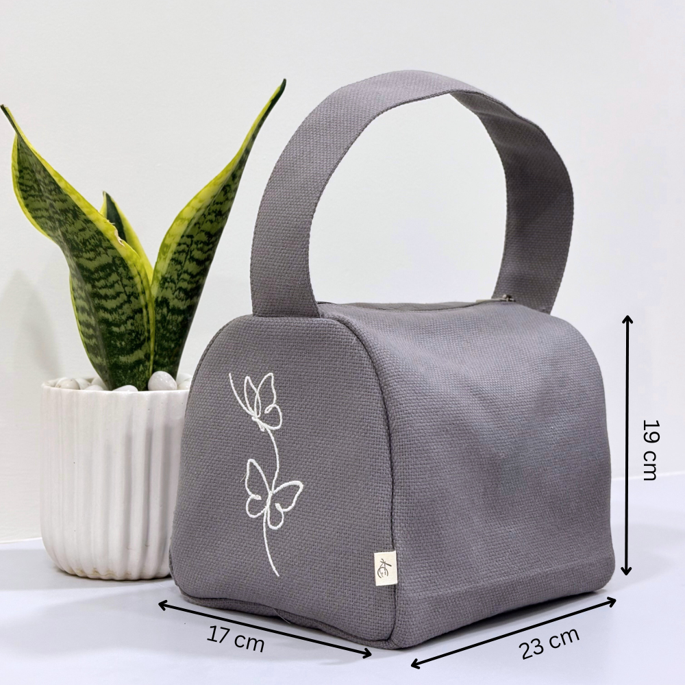 Butterfly Embroidered Lunch Bag – Grey