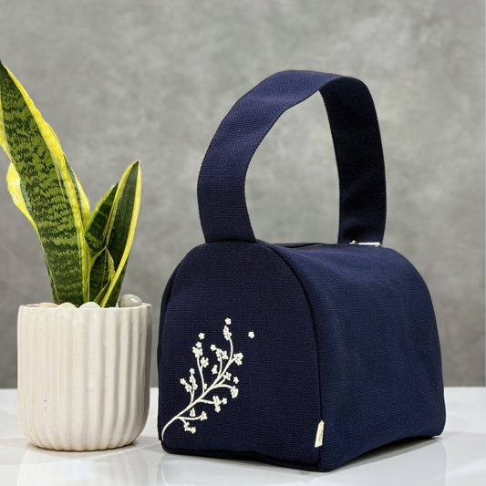 Floral Embroidered Lunch Bag - Blue