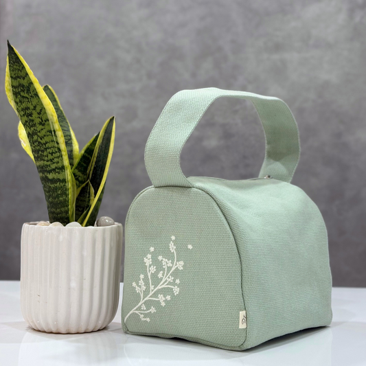 Floral Embroidered Lunch Bag - Green