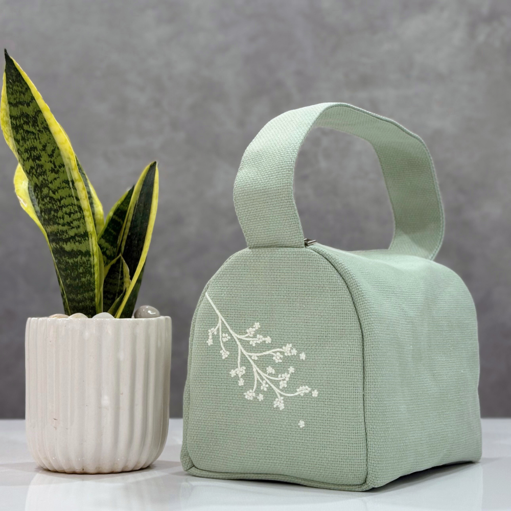 Floral Embroidered Lunch Bag - Green