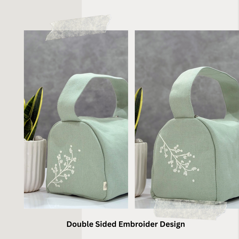 Floral Embroidered Lunch Bag - Green