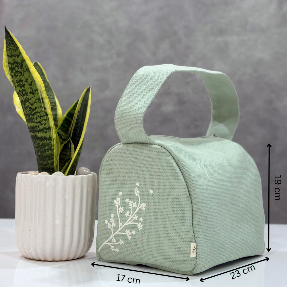 Floral Embroidered Lunch Bag - Green