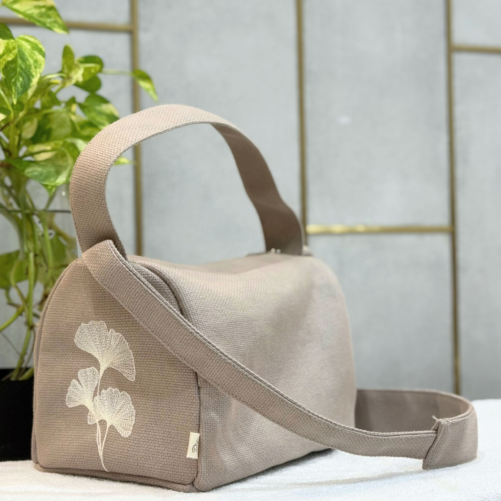 Dual- Handled Embroidered Sling Bag – Beige