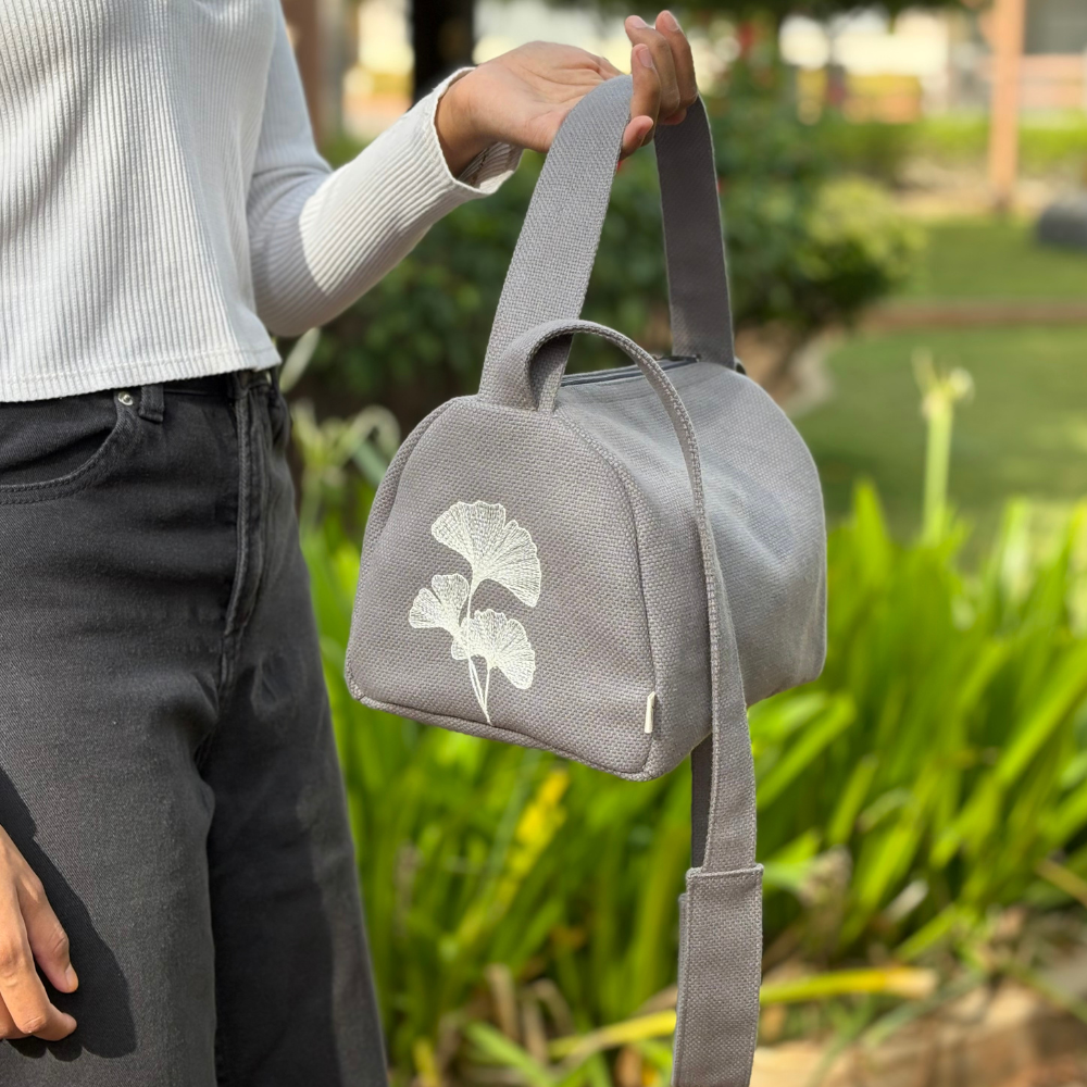 Dual- Handled Embroidered Sling Bag – Grey