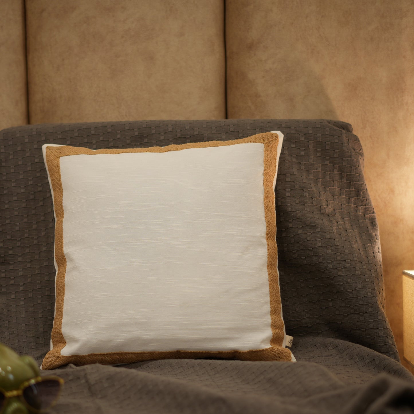 Crystal white jute bordered cushion cover